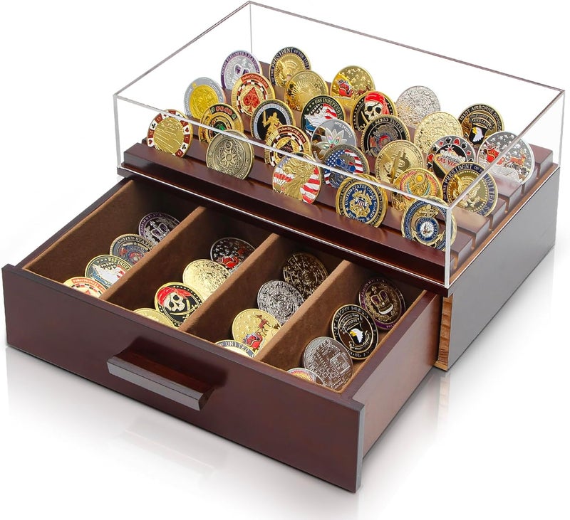 ULTRGEE Challenge Coin Display Case, Military Coin Collection Holder with Wooden Coin Box, Drawers, and Clear Acrylic Lid – Gifts for Coins Collectors (6 Rows) - Image 1